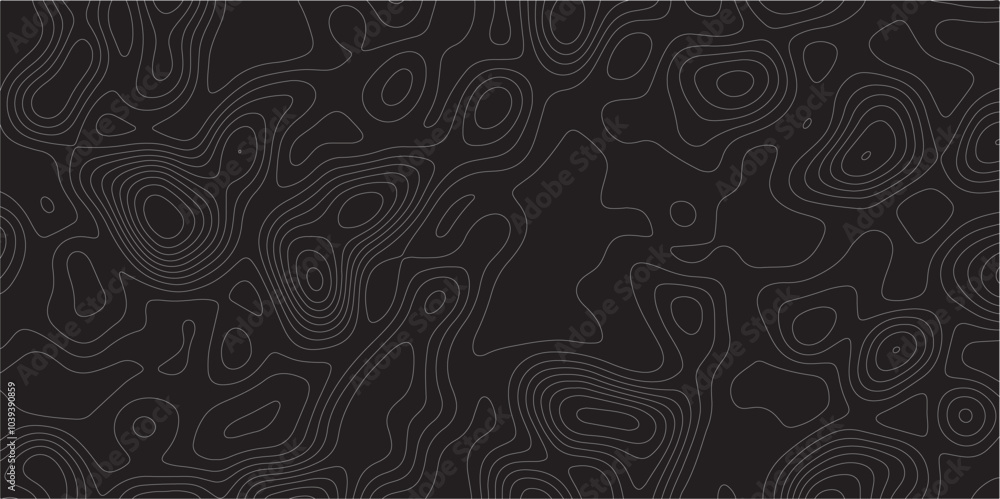Poster Abstract white on black background Topographic line map pattern. Contour elevation topographic and textured Background Modern design with black background with topographic wavy patted.	