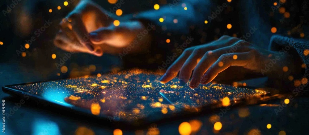 Poster person's hands using a tablet device with an illuminated screen and golden lights.