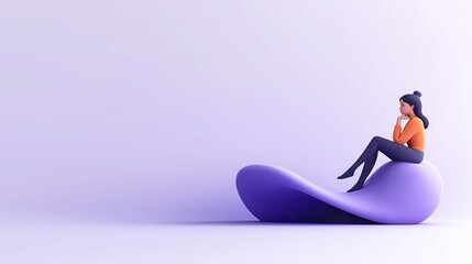 Fototapeta premium 3D Illustration of a Woman in Thoughtful Pose with Copy Space on Soft Purple Background