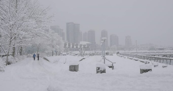 winter in the city as its covered in snow