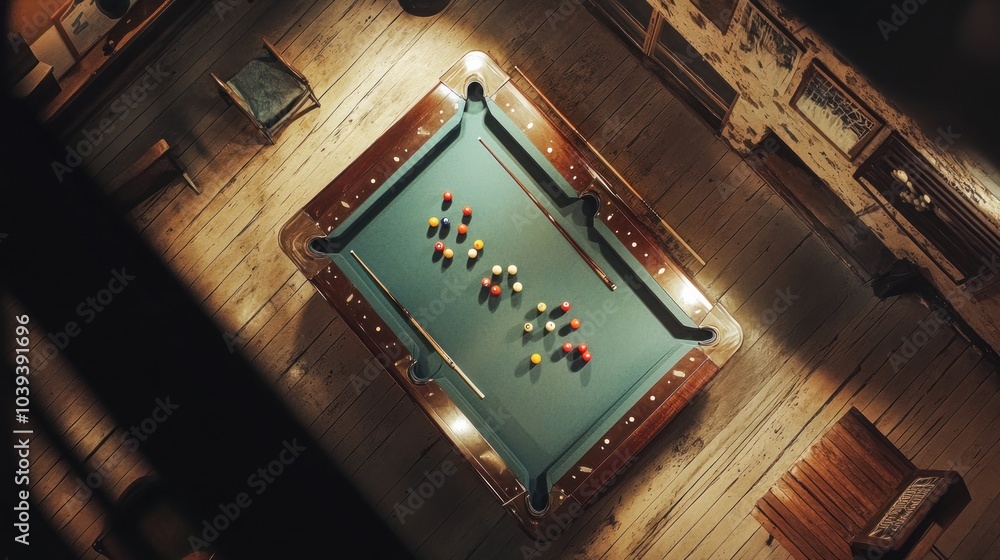 Poster an overhead view of a pool table with balls scattered on the green felt. the table is in a rustic ro