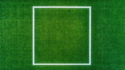 Obraz premium Aerial Overhead Drone Shot of Empty Rugby Stadium Pitch with Distinct White Boundary Lines and Small Group of Players Training in the Distance on the Grassy Field