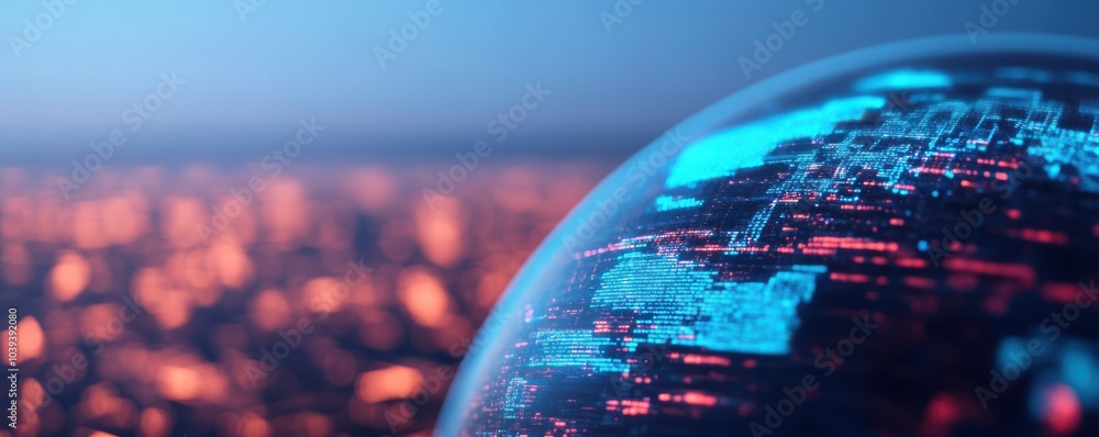 Poster a close-up view of a digital globe illuminated with blue and red light against a blurred cityscape b