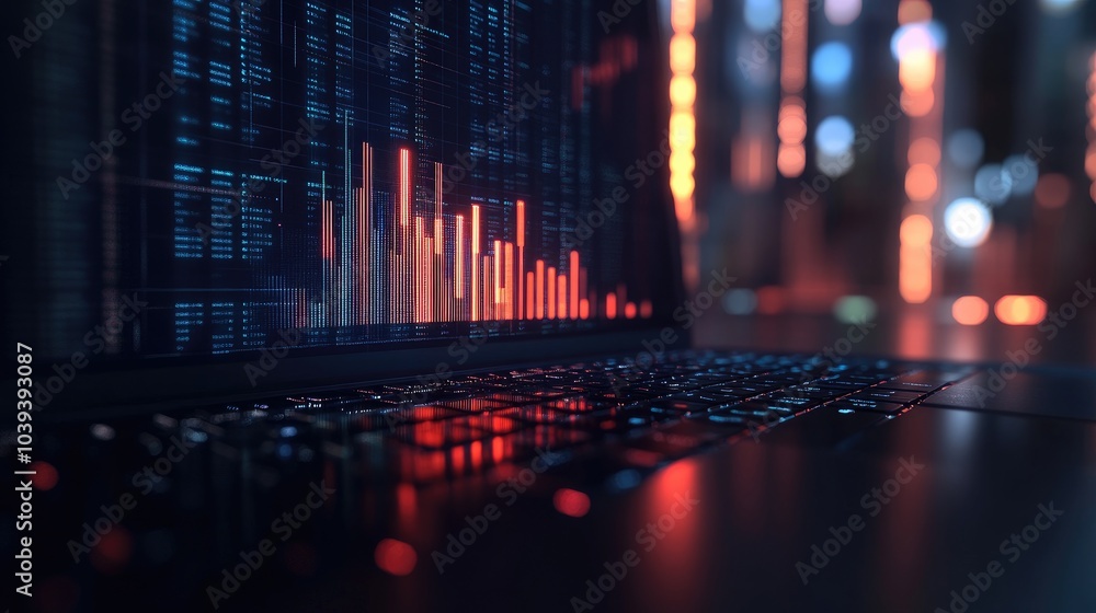 Poster data visualization on laptop screen in dark setting