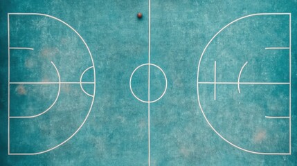 Obraz premium Aerial perspective of an open basketball court with faded white lines and just a few players shooting baskets on one side showcasing the depth of field and minimalist architectural design