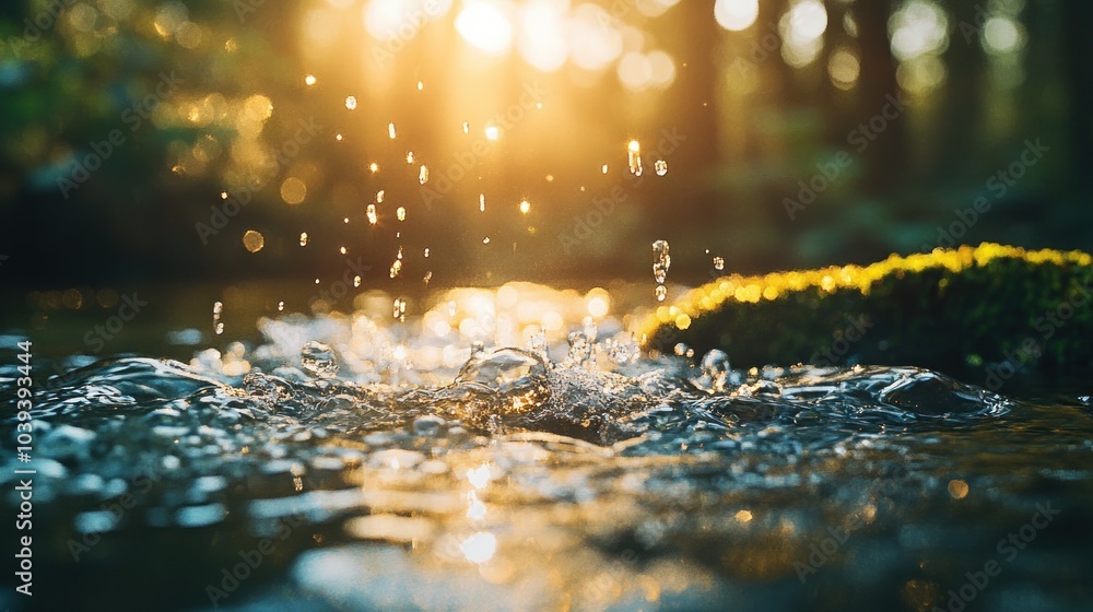 Poster close-up of water droplets splashing in a stream with a blurry background of a forest and sunlight.