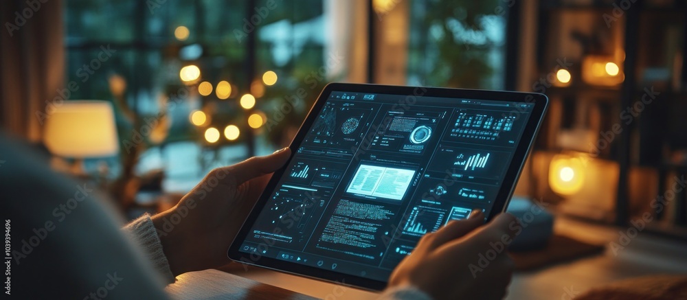 Poster close up of a person's hands holding a tablet with a data dashboard. the tablet screen displays grap