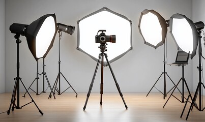 A professional photography studio setup with a camera on a tripod, lighting equipment and a laptop.