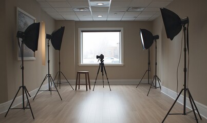 A professional photography studio with a camera on a tripod, lighting equipment, and a stool in front of a window.