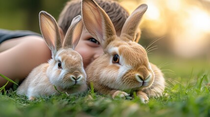 Obraz premium A joyful child lies among two cute rabbits in a sunny, green field, capturing a moment of innocence and joy.