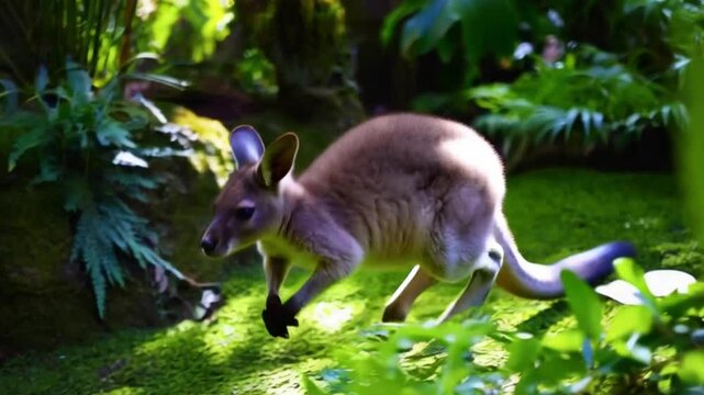 Adorable baby wallaby hopping around in a lush area.