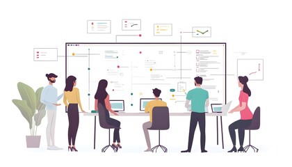 A diverse team collaborates on a project, analyzing data on a large screen in a modern workspace.