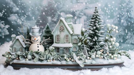 Happy New Year and Merry Christmas. 3d Green snow-covered Christmas trees, a snowman and a fairy-tale house. Beautiful winter composition. Creative stylish background.
