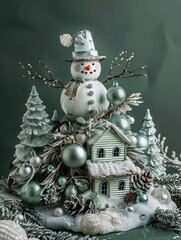 Obraz premium Happy New Year and Merry Christmas. 3d Green snow-covered Christmas trees, a snowman and a fairy-tale house. Beautiful winter composition. Creative stylish background.