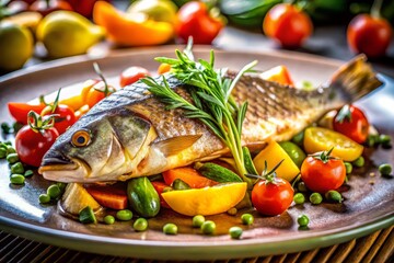 Close-Up of Grilled Fish and Vegetables in Restaurant Kitchen, Culinary Art, Gourmet Dish, High Depth of Field, Fresh Ingredients, Cooking Process, Food Photography