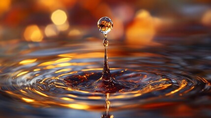 A single water drop falls into a pool of water, creating a splash and ripples against a bokeh background.