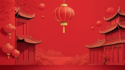 A red wall with chinese lanterns and a red background