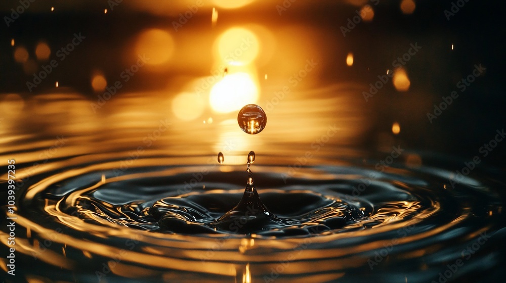 Poster a single water drop falls into still water, creating concentric ripples and a splash against a backd