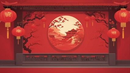 A red wall with chinese lanterns and a red background