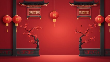 A red wall with chinese lanterns and a red background