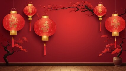 A red wall with chinese lanterns and a red background