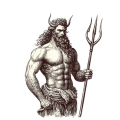 Obraz premium Neptune: A detailed illustration of Neptune, the Roman god of the sea, his muscular physique, flowing beard and trident exuding power and authority.