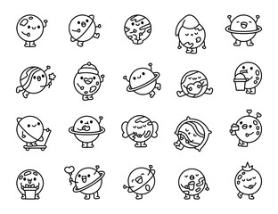 Cute planet characters. Coloring Page. Friendly space objects. Hand drawn style. Vector drawing. Collection of design elements.