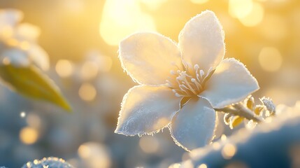 A blooming jasmine flower shimmering under a delicate layer of frost.