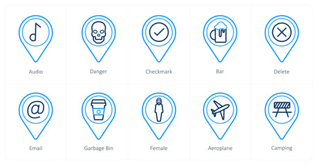 A set of 10 Location Pointer icons as audio, danger, checkmark