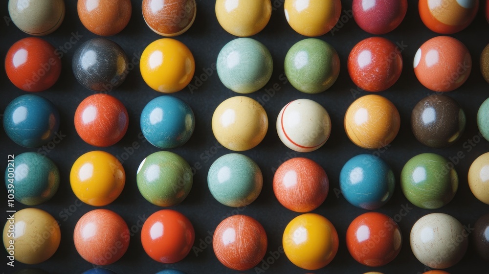 Poster a close-up shot of a grid of colorful balls arranged in a repeating pattern, featuring different col