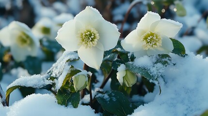 A cluster of hellebore flowers peeking through freshly fallen snow in the forest.