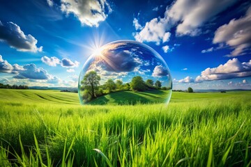 Double Exposure Photography of a Lush Field with Grass and a Vibrant Blue Sky, Nature's Harmony in a Dreamy Blend of Landscape and Atmosphere for Stunning Visuals