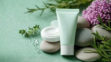 Close up of a moisturizing hand cream or facial care tube in a soft pastel green color placed on a display of smooth stones and surrounded by vibrant floral and herbal elements