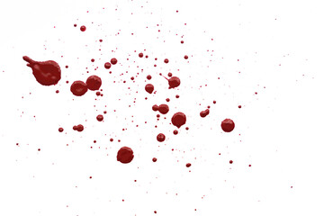 Blood splatters on white background. Red blots of watercolor Realistic bloody splatters for...