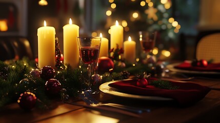 A festive table set for Christmas dinner with candles, ornaments, and holiday decor.