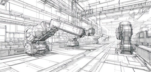 Obraz premium Robotic assembly line envisioned through advanced wireframe graphics in concept art.