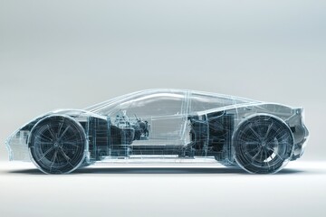 Fototapeta premium Transparent wireframe components displayed in the concept of a hybrid electric vehicle.