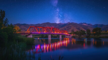 Fototapeta premium A red bridge illuminated by lights spans a river under a starry night sky with the Milky Way visible.