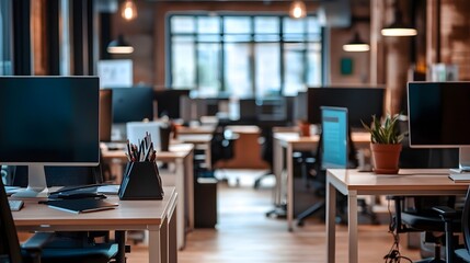 Fototapeta premium Modern office interior featuring desks, computers, and plants, showcasing a stylish workspace with natural light.