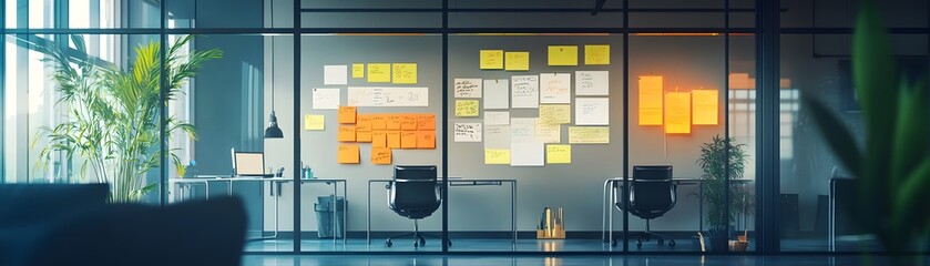 Fototapeta premium Modern office space featuring glass walls, sticky notes, plants, and a collaborative atmosphere for creative brainstorming.
