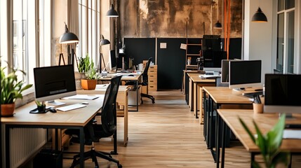 Modern office interior featuring desks, computers, and plants, creating a collaborative and inviting workspace environment.