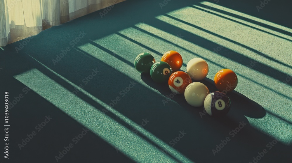 Poster a group of billiard balls are arranged on a green felt pool table with shadows from a window.
