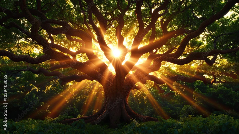 Poster majestic tree with sunlight filtering through its branches, creating a serene atmosphere.