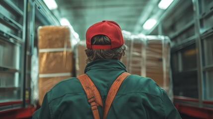 Truck driver securing cargo in the back of a semi-truck. Camera angle: Rear view. Focus object: cargo straps.