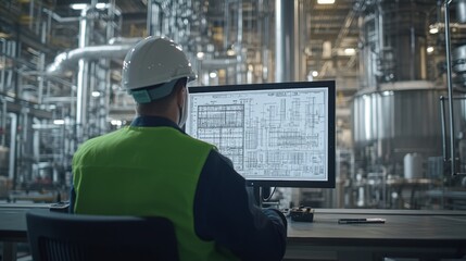 Engineer reviewing a project: An engineer navigates through intricate technical designs on a screen in a modern industrial environment