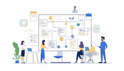 Team collaboration around a digital board, illustrating project management and brainstorming in a modern office environment.