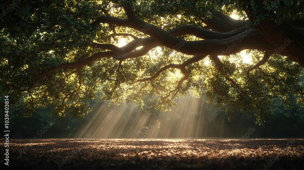 Poster sunlight filters through trees, creating a serene natural atmosphere.