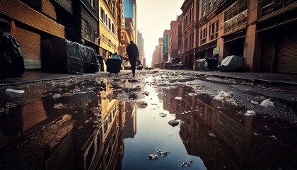 A deserted urban street filled with trash, puddles, and debris, reflecting buildings as a lone figure walks away, symbolizing urban decay.