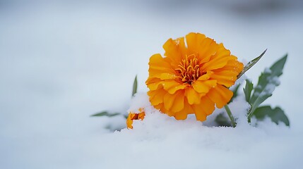 A vibrant orange marigold partially buried in freshly fallen snow, still blooming.