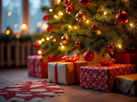 Christmas tree with many red and gold ornaments